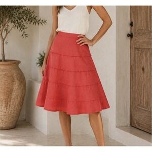 Soft Surroundings Petite Size PL Coral Linen Tiered Skirt Pull On A-Line